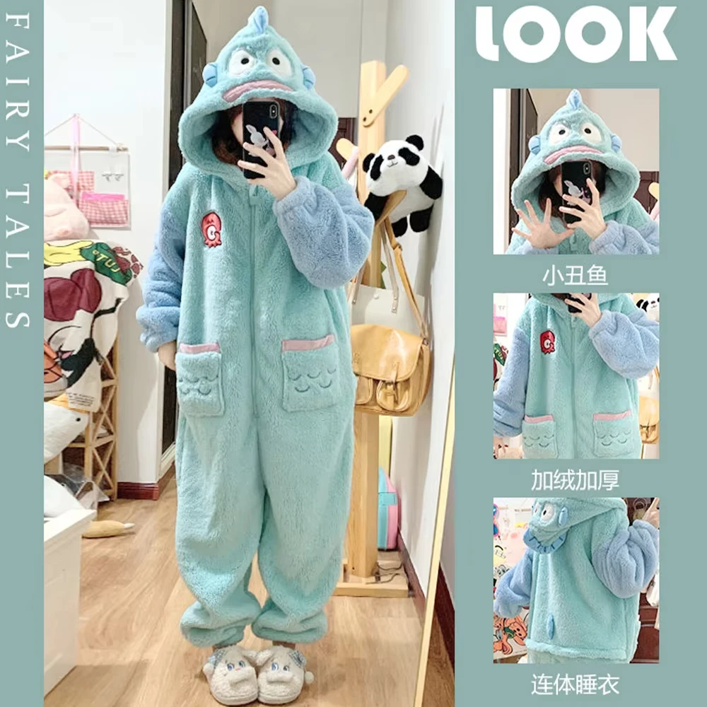 Kawaii Hangyodon Plush Siamese Pajamas Hooded Jumpsuit Pajamas Sanrioed Anime Cartoon Coral Velvet Homewear Thickened Nightgown