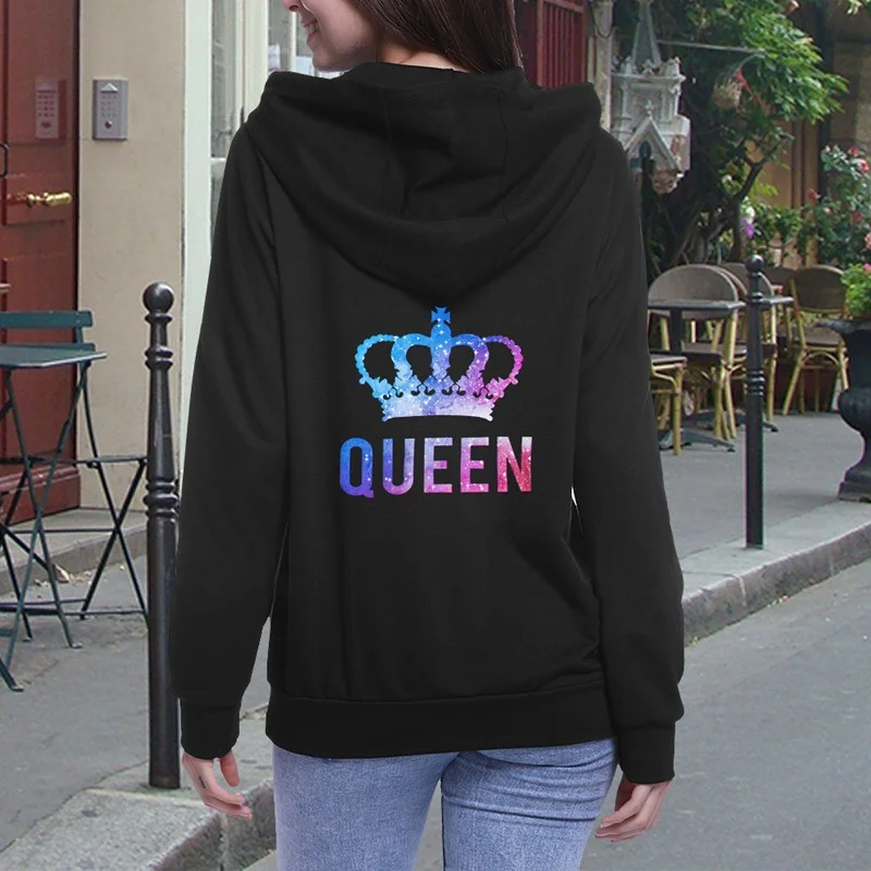 New Couples QUEEN KING Print Hooded Long Sleeve Women Men Couple Sweatshirt Pullover Hoodies