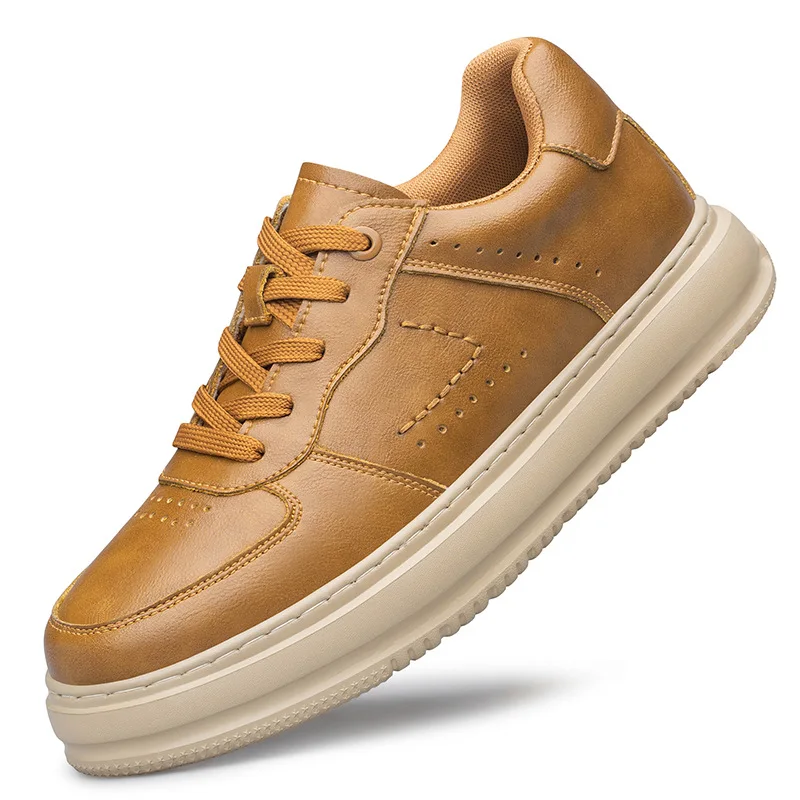 

Men's Invisible Height Increasing Elevator Shoes 6cm 8cm Pure White Light-Weight Lace-up Genuine Leather Sporty Sneakers