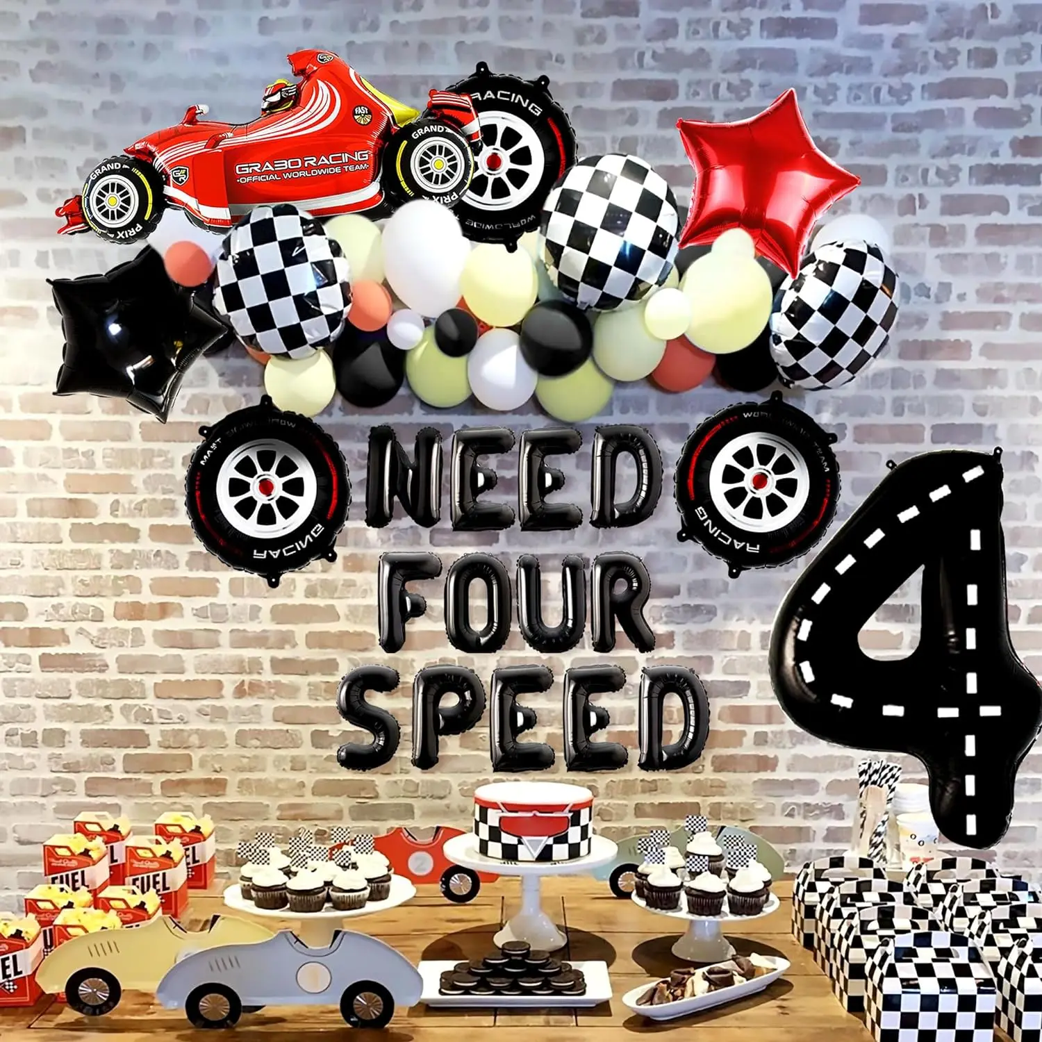 Laventy Heeft Vier Speed Verjaardagsdecoratie Nodig Vier Speed Ballonnen Achtergrond Raceauto 4e Verjaardagsdecoratie