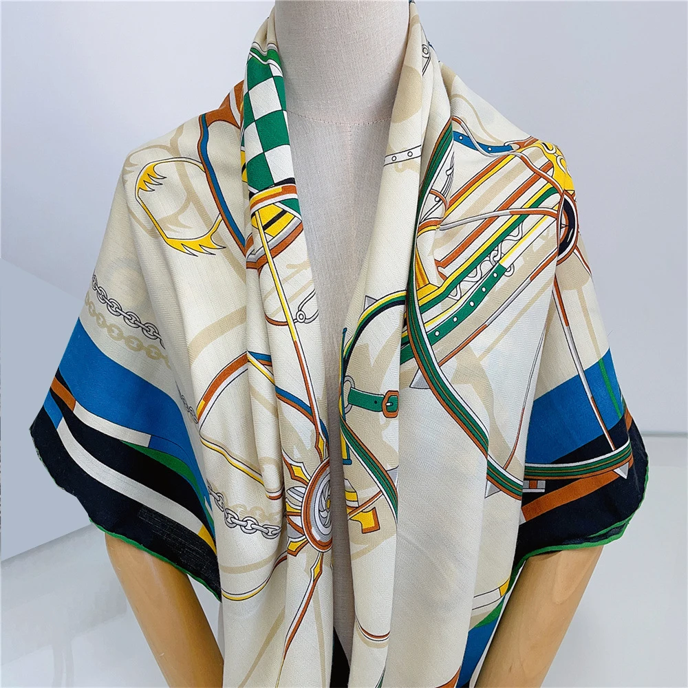 130CM Silk Cashmere Scarf Women Hand Rolled Carriage Wheel Print Square Scarves Wraps Bandana Big Hijabs Female Foulard Echarpe