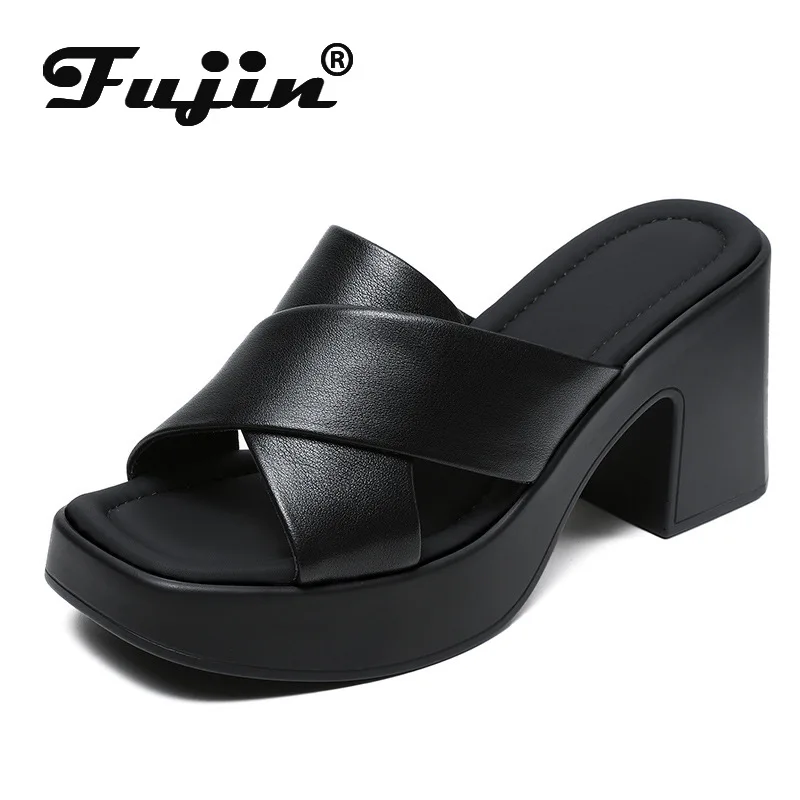 

Fujin 8cm Weave Genuine Leather Fashion Peep Toe Slippers Chunky Hees Platform Slip on Ladies Sandals Women Wedge Summer Shoes