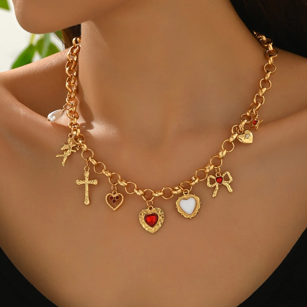 

Exaggerated Love Cross Multiple Pendant Necklace Women's Sweet Bow Imitation Pearl Bracelet Jewelry Set