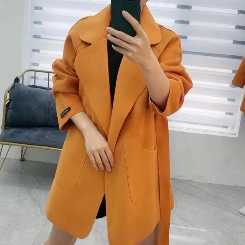 Trend Luxury Design-Forward Wool Coat Women's Trench Coat Belt Pockets Spring Autumn Tweed Jacket New Womens Fur Coat Solid