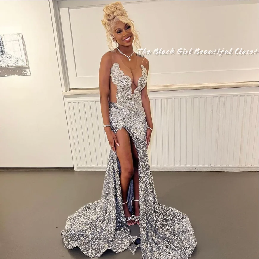 Exquisite Silver White Diamond Encrusted Prom Dresses 2024 Black Girls Glitter Pearls Sexy O Neck Birthday Party Dresses