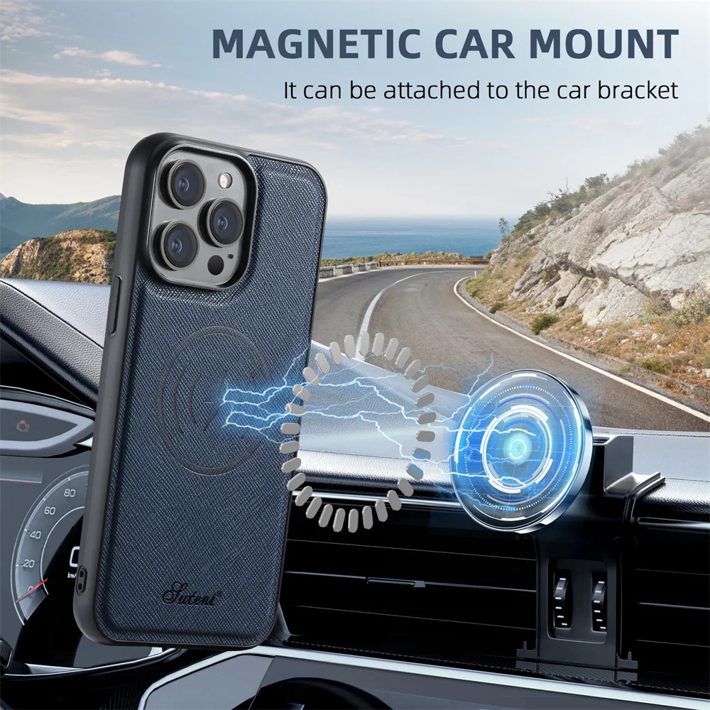 SUTENI 크로스 패턴 가죽 탈착식 카드 가방 지갑 케이스, 아이폰 15 프로 맥스 12 13 14 프로 16 플러스 무선 충전 커버