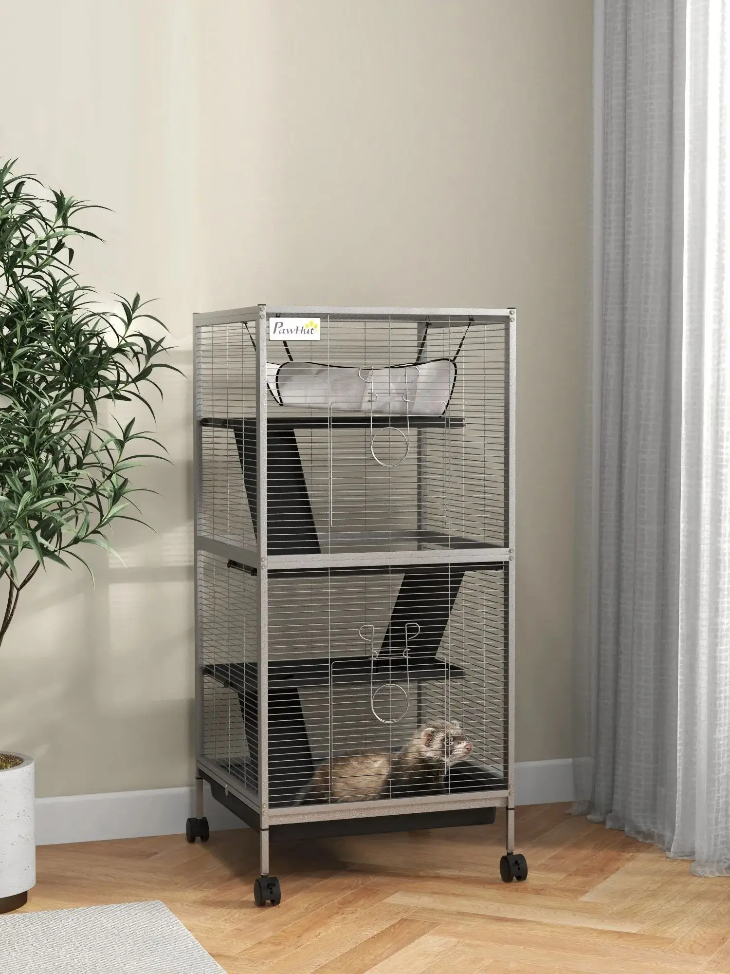 Pawhut 4-niveau kleine dierenkooi met wielen 52X52X113,5Cm grijs - afbeelding 2