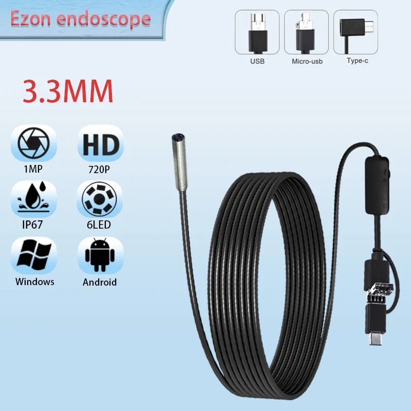 1MP 3.3mm  Industrial Endoscope Camera for engine inspection USB Type-C Android 3-in-1 soft wire Endoscope Probe