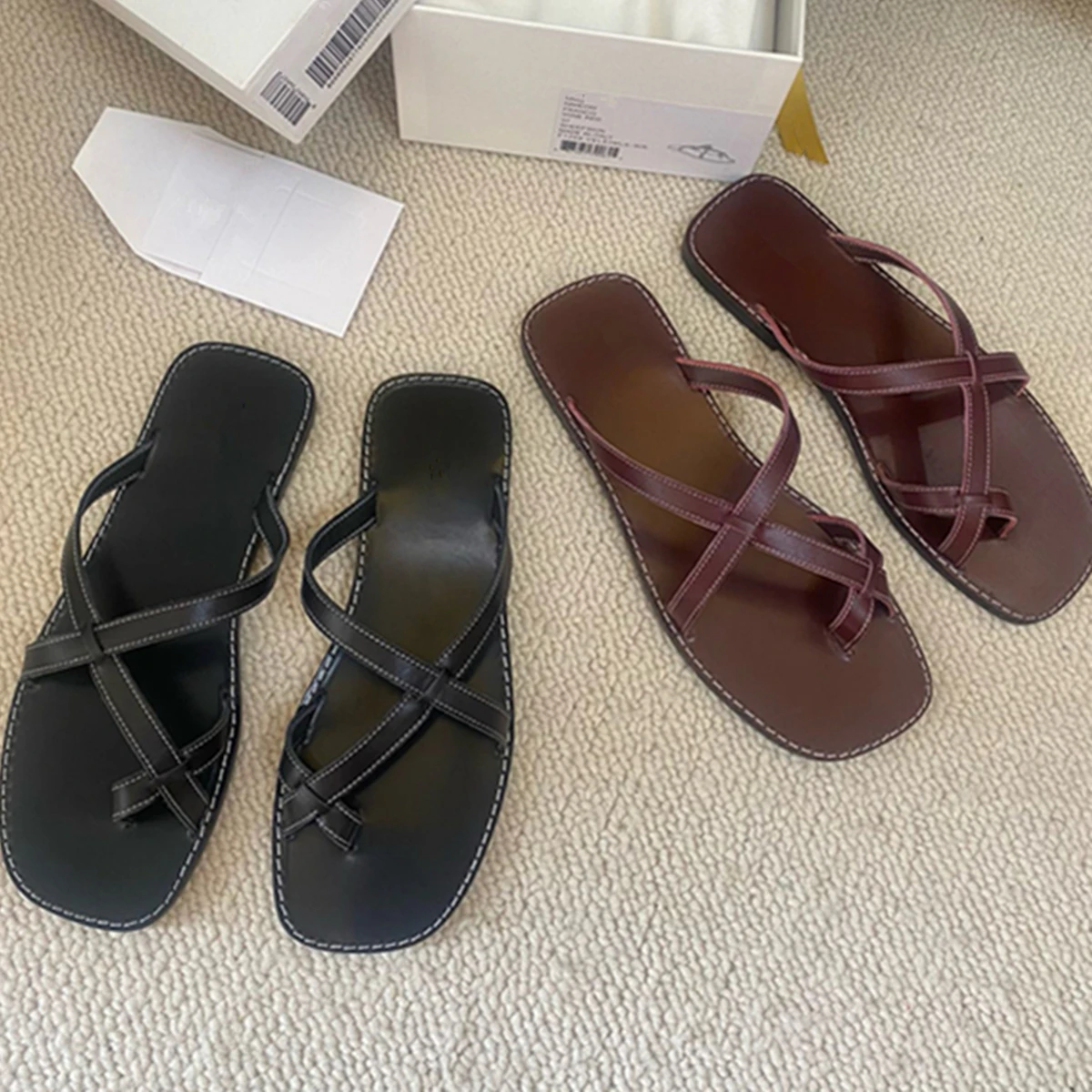 

Jenny&Dave French Minimalist Cross Genuine Leather Sandals Summer Vacation Leisure Commuting Flat Slippers Shoes Women