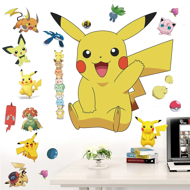 Cartoon Pikachu Wall Stickers For Kid\'s Rooms Kindergarten Living Room Bedroom PVC Wall Decoration Animated Poster Bedroom Decor