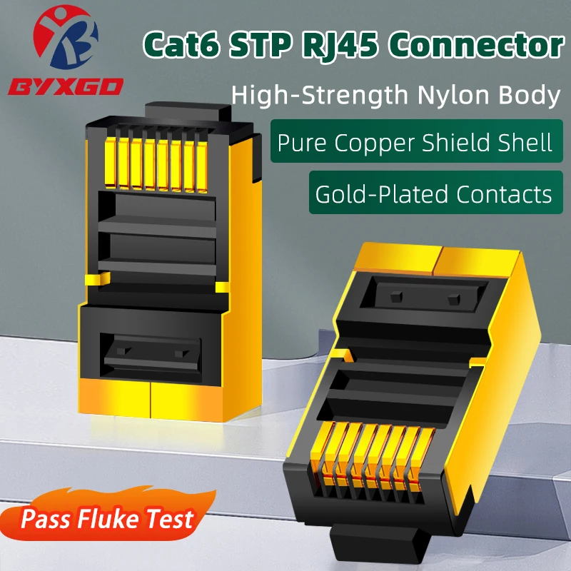 One‑Piece Shielded RJ45 Connector Cat5e Cat6 Gigabit Ethernet Gold‑Plated Crimp Connector Plug T568A/T568B for Network Cable