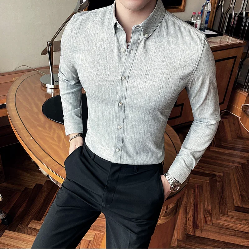 2024 New High Quality Striped Shirts British Style Long Sleeve Slim Casual Shirts Luxury Men Business Social Party Dress Shirt