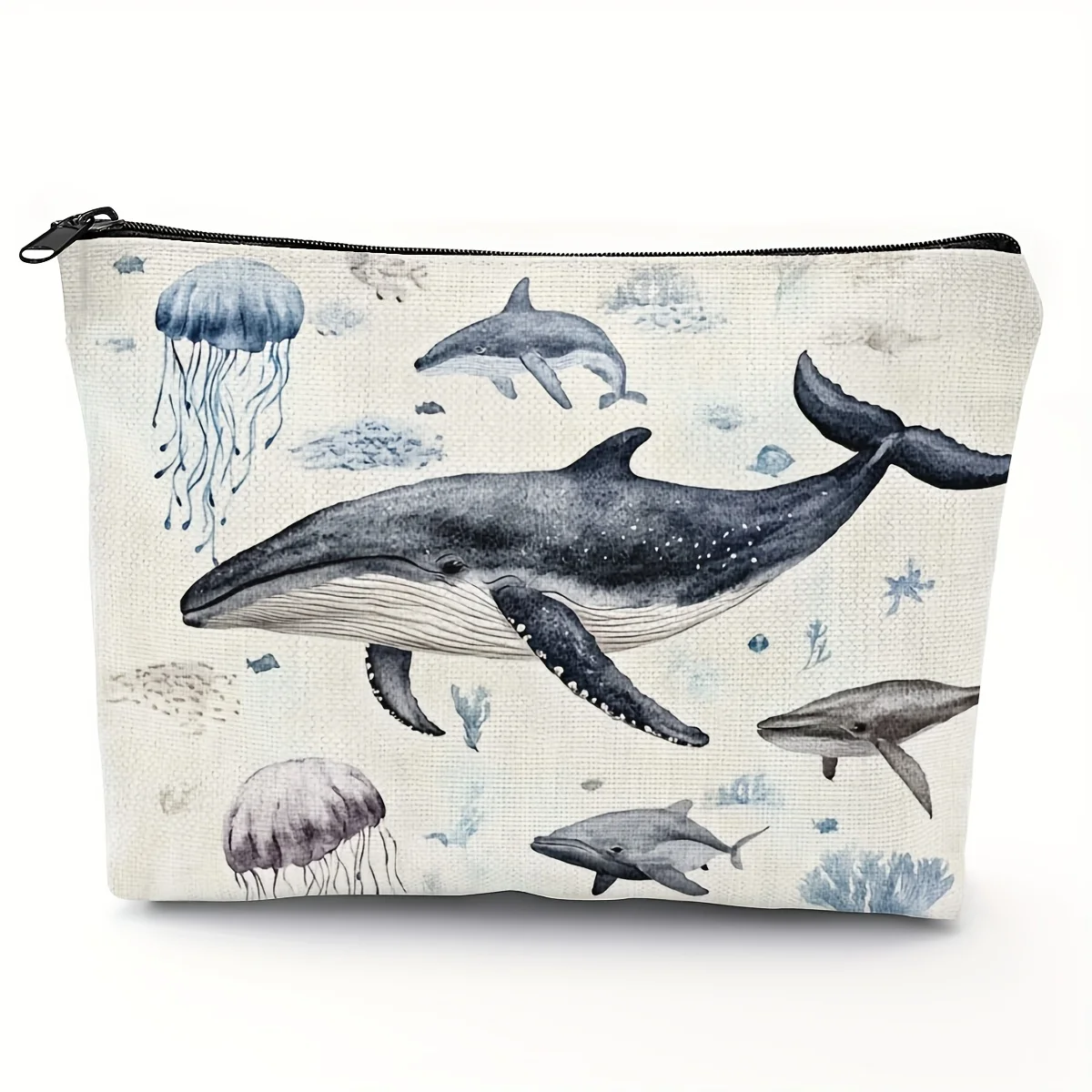 

1pc Cosmetic Bag with Ocean Animals Print, Portable Shark & Whale Makeup Pouch, Marine Life Theme Toiletry Organizer for Women