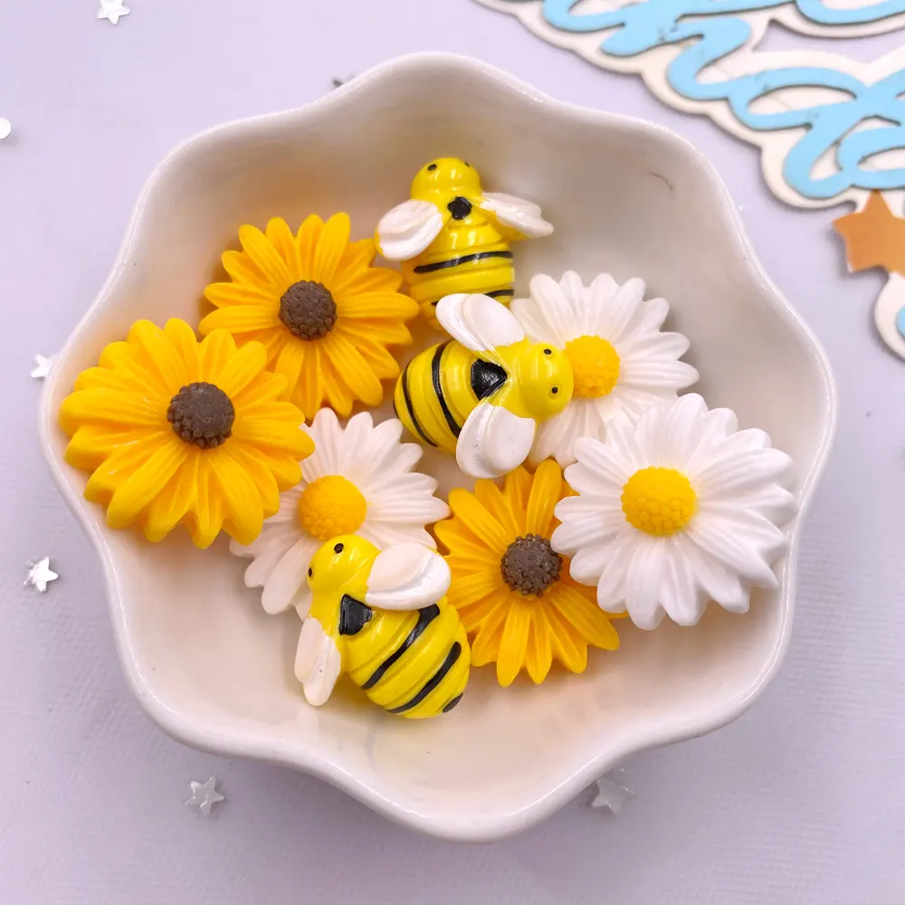 10PCS Resin Cute Colorful 3D Cartoon Bee Flower Figurines Flat back Rhinestone Garden Scrapbook DIY Bow Decor Crafts Accessories