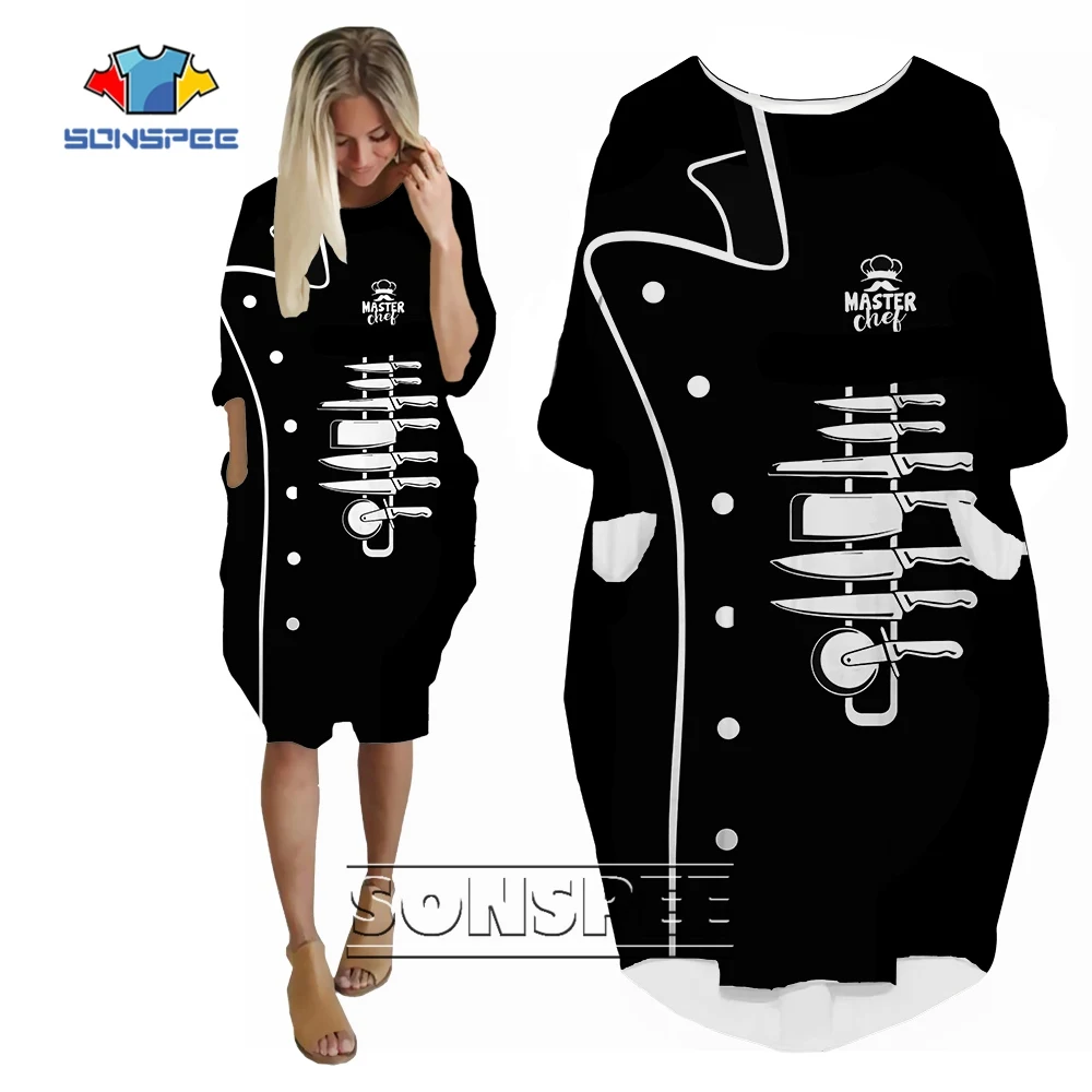 SONSPEE Black Custom Name Master Chef 3D Printing Hip Hop Women's Dress Knives Serial Pattern Skirt New Fashion Long Sleeve Gown