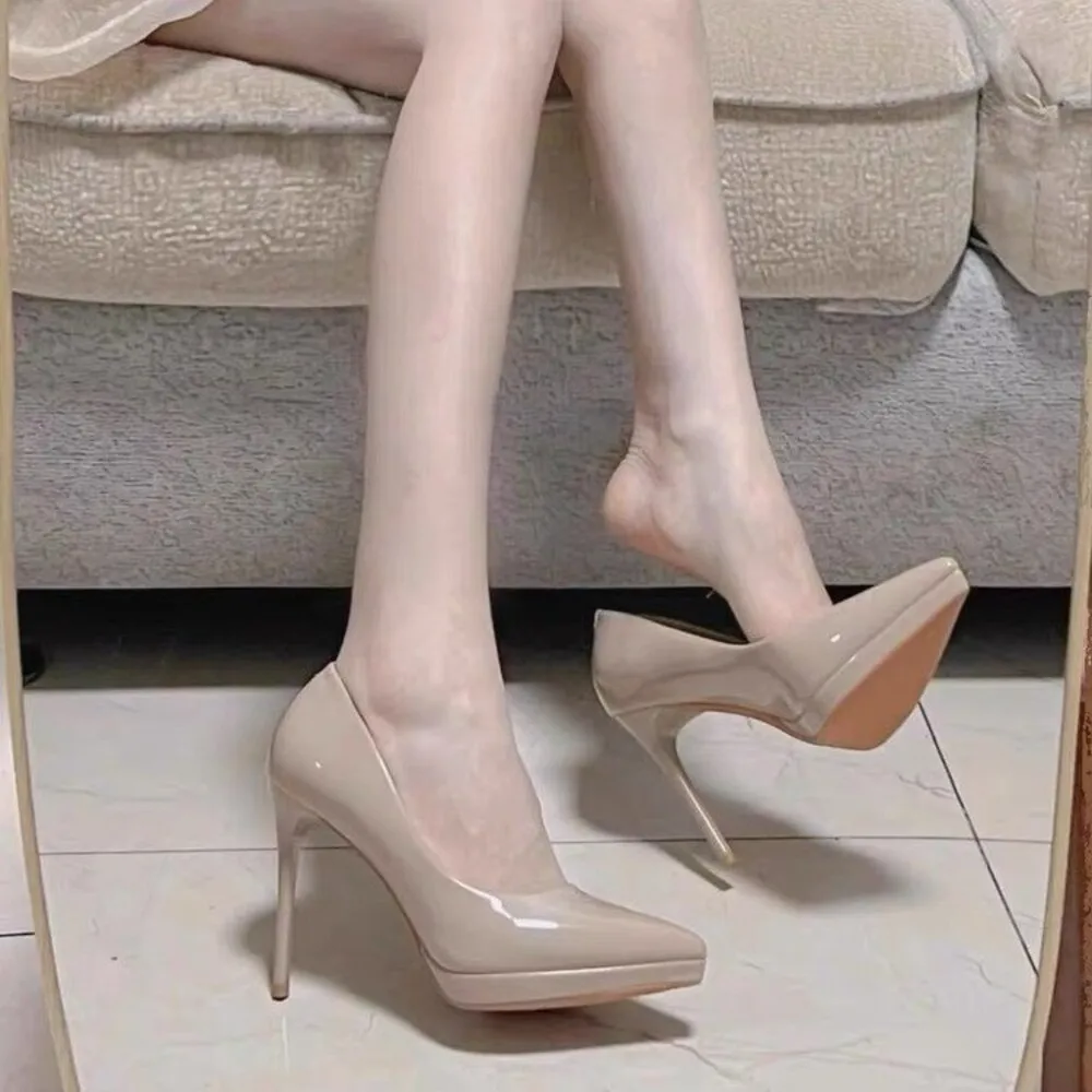 

New 2026 Waterproof Platform High Heels Women's Shoes Nude Patent Leather Red Sole Slim Heel Versatile Elegant Fashionable