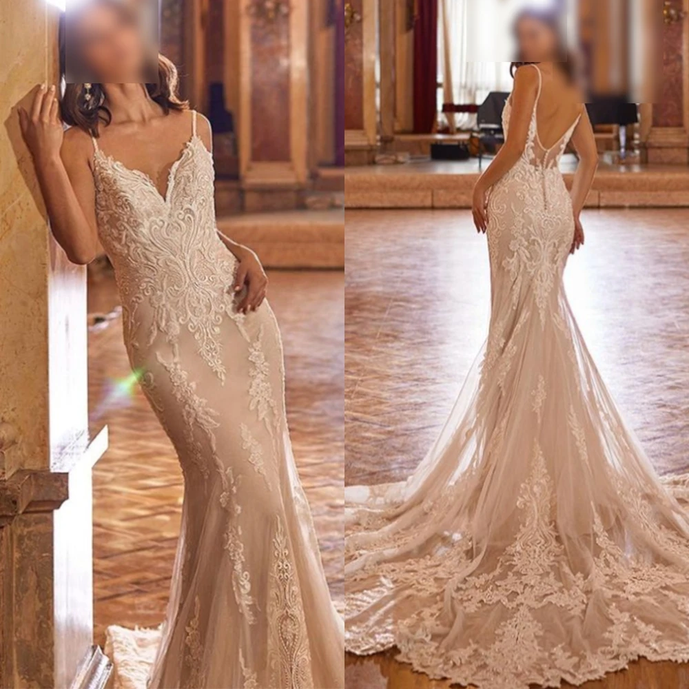 

Customized High Quality Appliques Bridal Gowns Mermaid Spaghetti Straps Wedding Dress Classic Floor Length Vestido De Novia