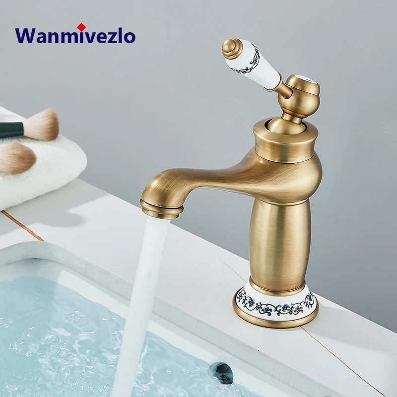 Wanmivezlo Retro Antique Brass Basin Faucet Single Handle Mixer Tap Hot Cold Water Bathroom Sink Faucet