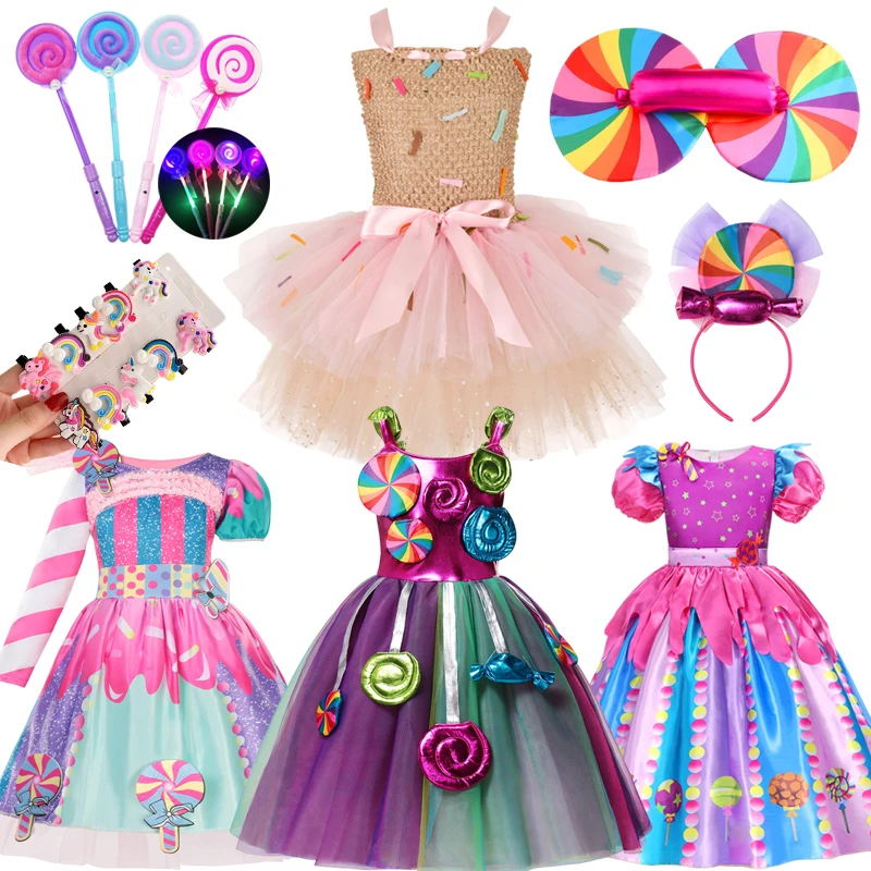 

2025 New Children's Candy Dress Cosplay Costume Purim Birthday Carnival Party Fancy Dress Up Girls Colorful Dress Birthday Gift