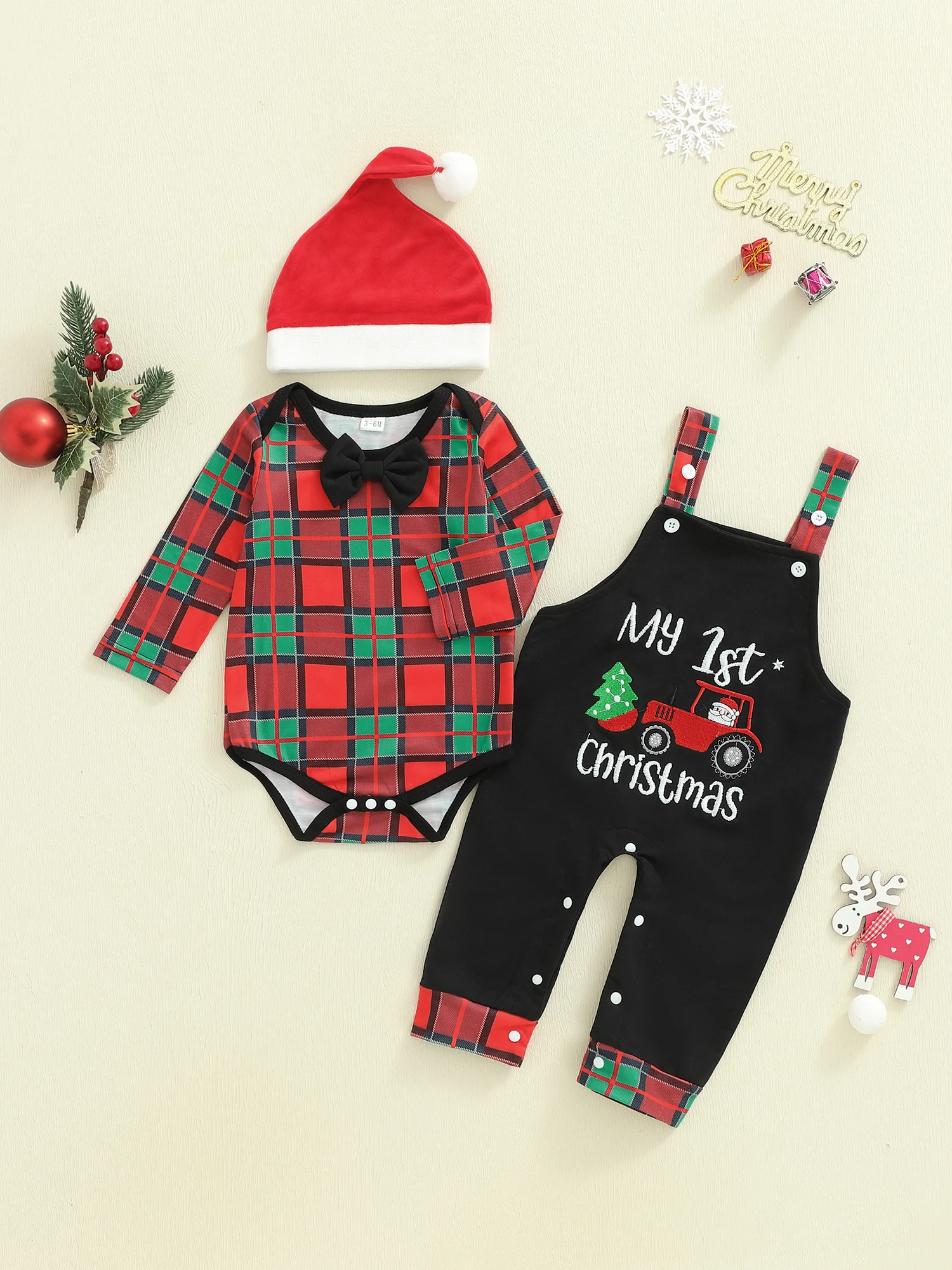 

Toddler Boy Holiday Outfit Plaid Shirt and Suspender Pants Set with Matching Hat 3-Piece Christmas Ensemble