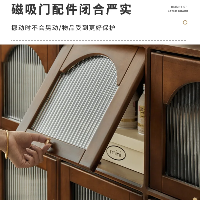 Solid wood display cabinet, bookcase with glass door, dustproof arched storage side cabinet, low cabinet, living room retro stor