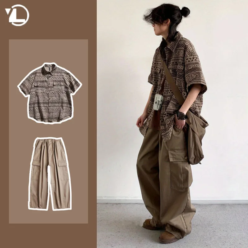 Summer Japanese Casual Set Mens Stripe Printing Loose Shirt+big Pocket Wide Leg Overalls Suit Street Harajuku Two-piece Set New