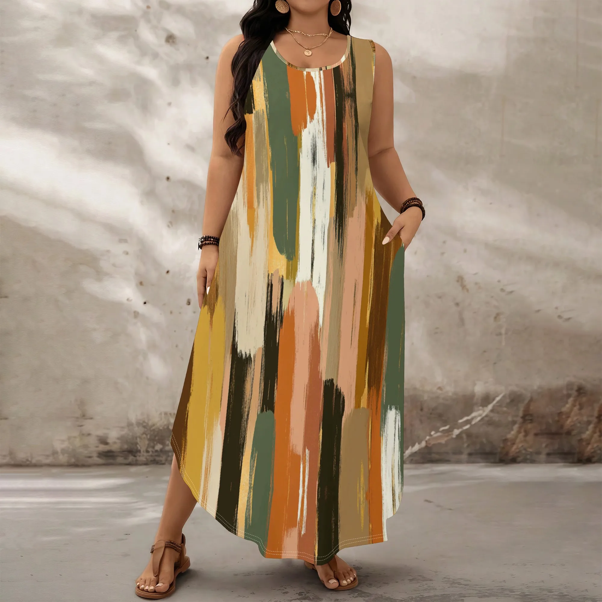 

Plus Size Sleeveless Brushstroke Maxi Dress XL-6XL Artistic Abstract Print for Museum or Summer Streetwear