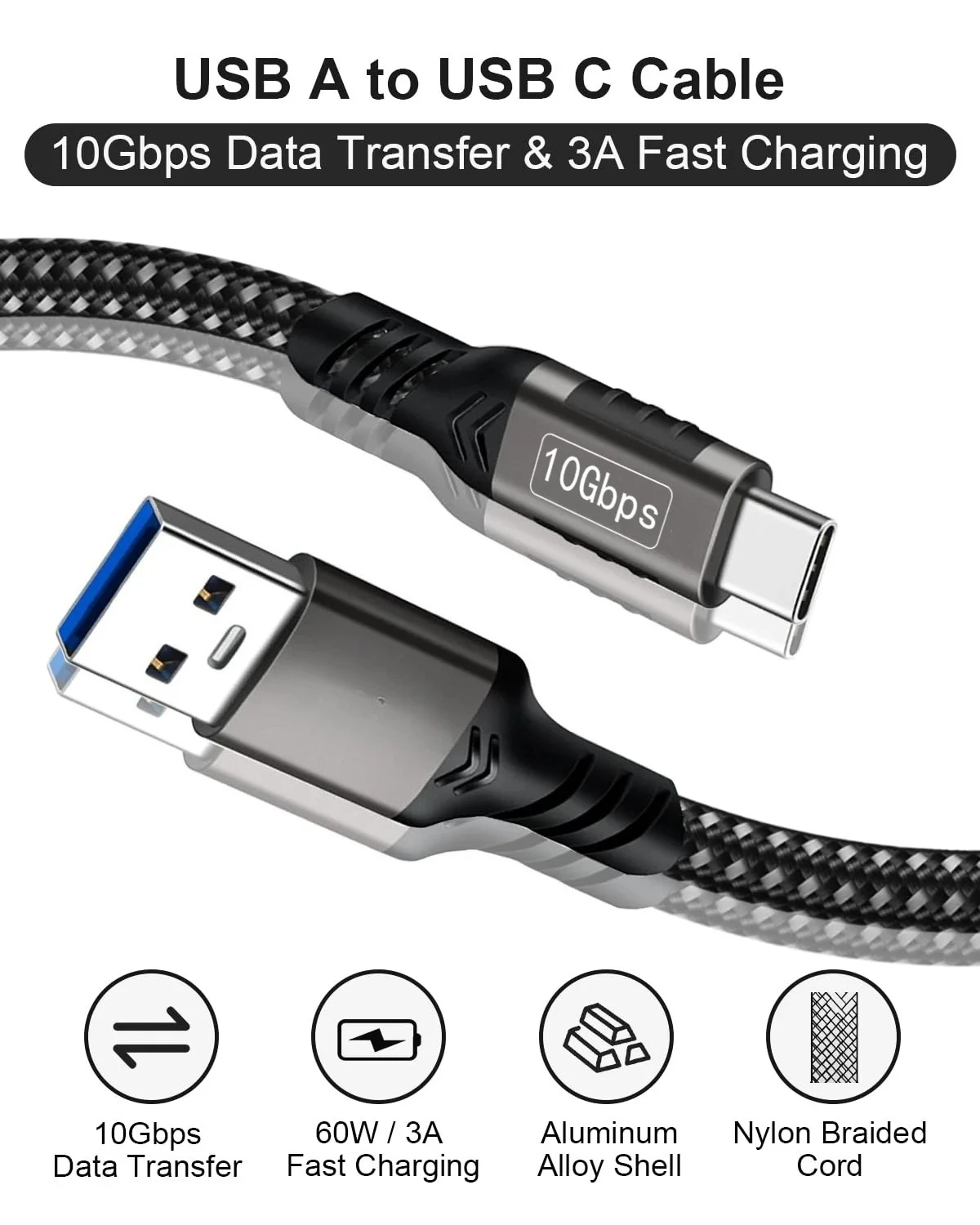 USB3.2 10Gbps USB A to USB C 3.2 Gen2 Type-C Cable Data Transfer 3A 60W QC 3.0 Fast Charging for iphone Macbook SSD