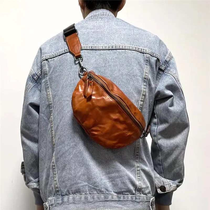 

Vintage fashion designer top layer cowhide men's pleated small chest bag teens outdoor sports genuine leather diagonal package