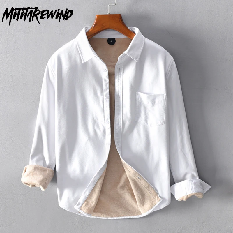 Winter Shirt Men Japanese Fashion Daily Casual Fleece Shirts Pocket Thicken Long Sleeve White Shirt Men Simple Keep Warm Top