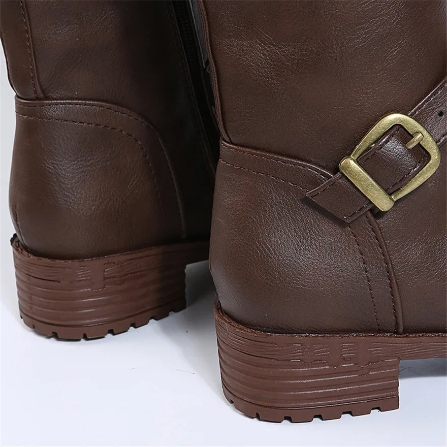 New Soft Leather Women Riding Boots Fashion Double Zipper Chunky Heels Shoes Brown Round Toe Casual Belt Buckle Long Boots Woman