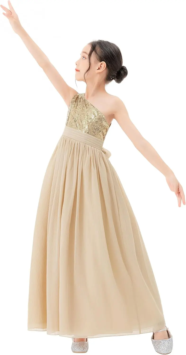 Ekidsbridal One-Shoulder-Blumenmädchenkleider aus Chiffon mit Pailletten, besondere Festzugskleider für Mädchen