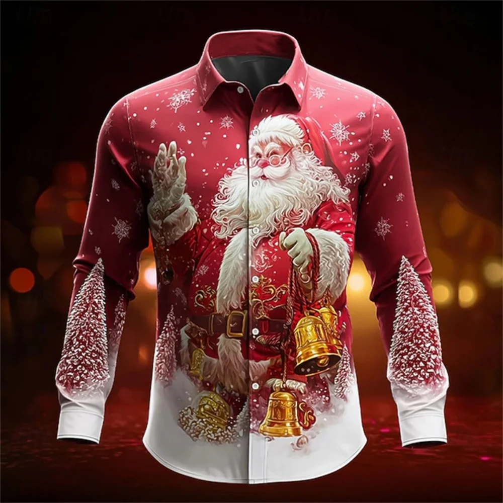 

Christmas Shirts for Man Clothing Santa Claus 3D Print Shirt Casual Long Sleeve Shirt Street Blouse Lapel Shirts Men Clothing