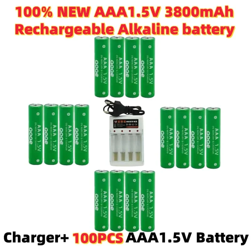 100%Origina 3800mAh AAA1.5V Rechargeable Alkaline Battery AAA1.5V Battery for Remote Control Toy Batery Smoke Alarm with Charger