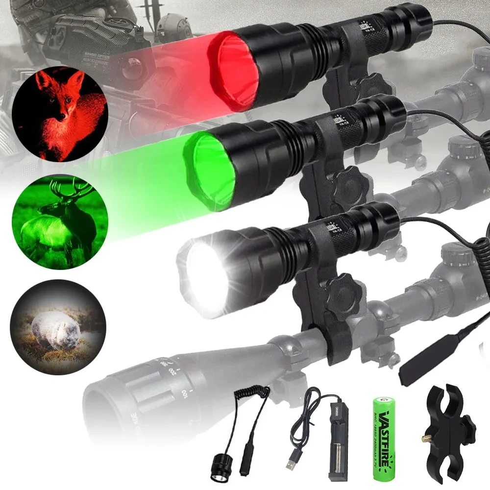 Powerful Red C8 Flashlight Tactical Green/Red/White Torch 1-Mode Predator Handheld Torch+Clip+Tail Switch+18650+Charger Set