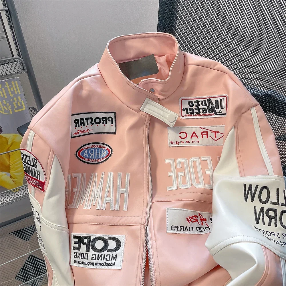 Hip Hop Women Leather Motorcycle Jacket American Pink Jacket Y2K Stitching High Quality Embroidered Windproof Jackets