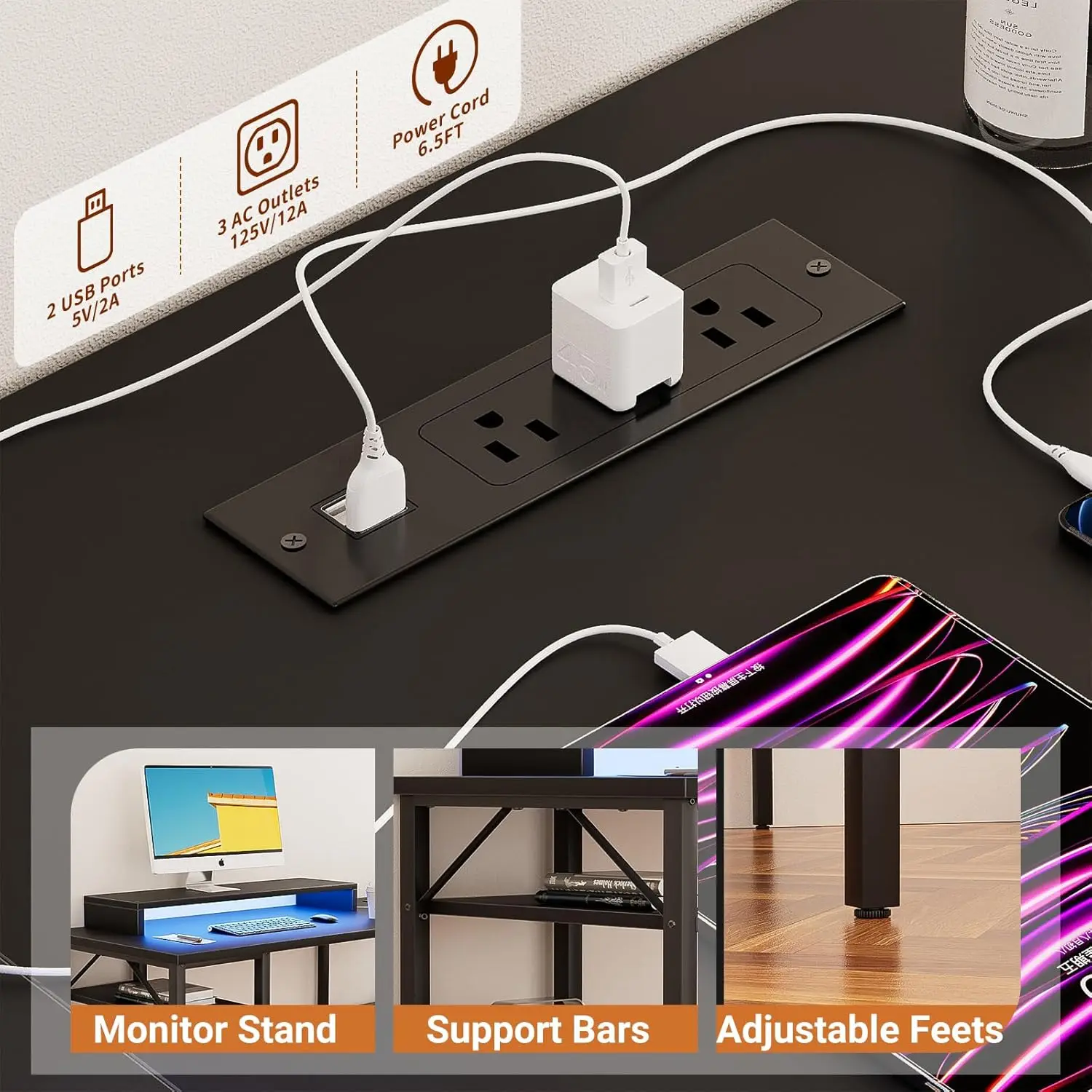 Escritorio Reversible en forma de L con tomas de corriente mágicas y luz LED inteligente, computadora de escritorio de esquina resistente, negro