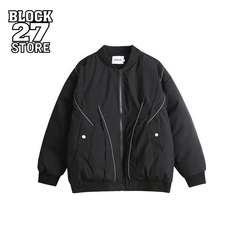 

Harajuku Men Winter Thickened Bomber Jacket Warm Padded Baseball Cotton Coat Loose Retro Streetwear Casual Cold Weather Outwear