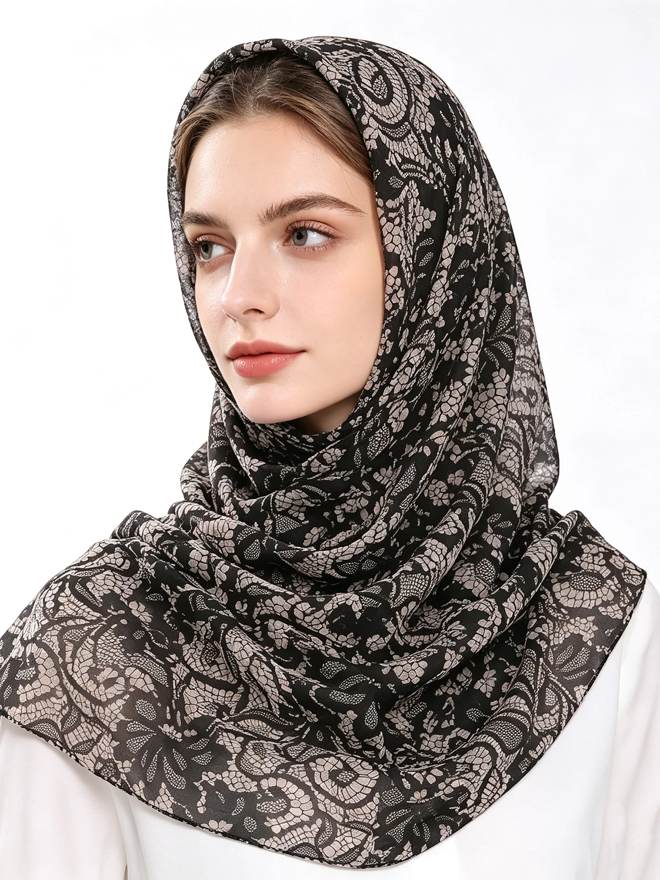Black Base Lace-Look Printed Chiffon Hijab Lightweight Soft Long Scarf Muslim Women Headscarf Vintage Floral Prited Hijab
