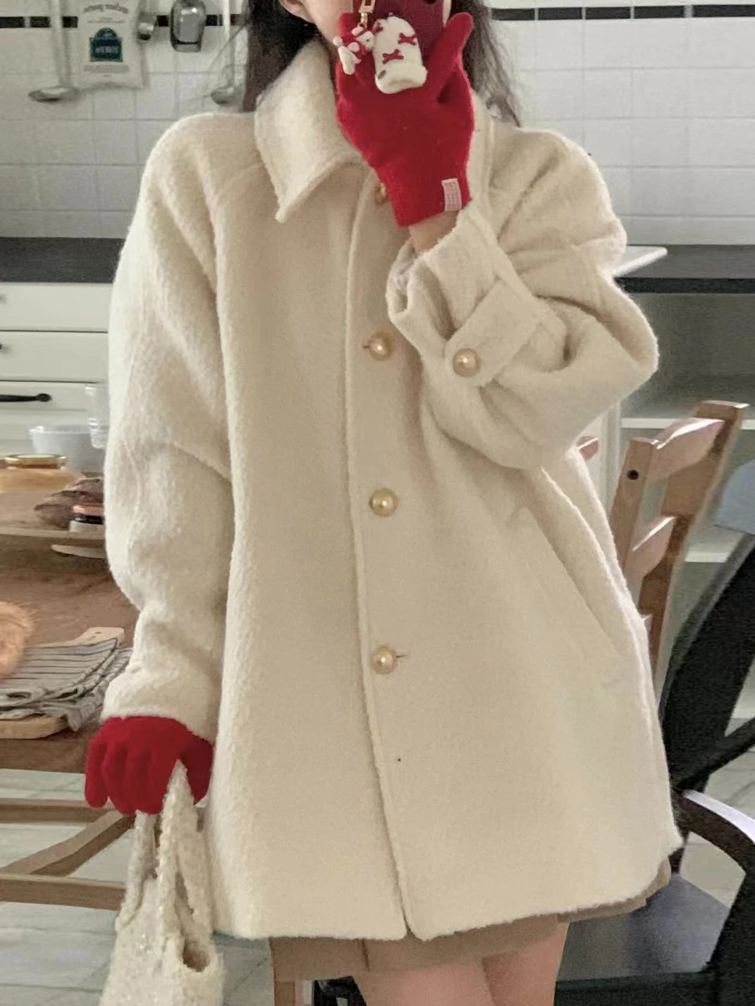 

Ele Soft Aosphere Woolen Coat Women's Chic Faion Turn-down Collar Loose High-end Wool Outerwear Long Sve Color