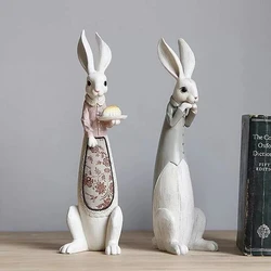 Country couple rabbits retro hand-painted craft ornaments American Easter bunny home decorations