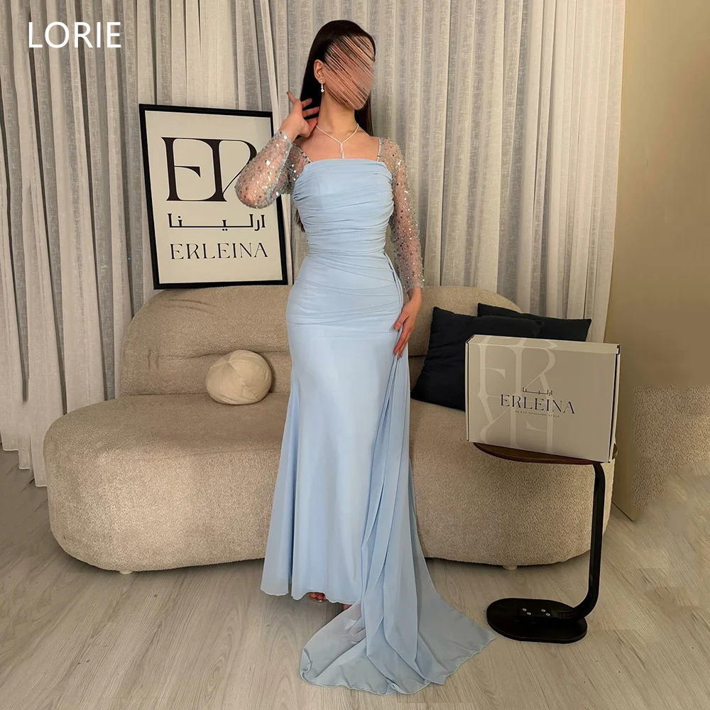 

LORIE Chic Blue Chiffon Evening Dresses Pleats Sequined Full Sleeves Party Dress Mermaid Floor-Length Prom Gowns Customized