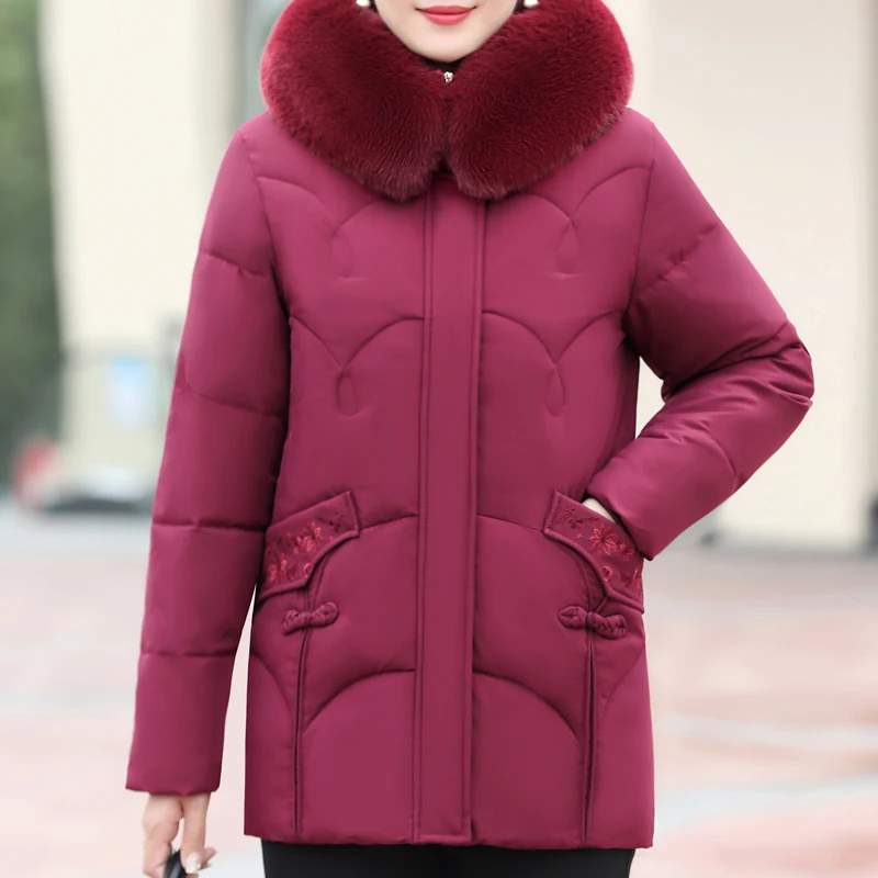 Middle Age Women's Winter Jackets 2024 Elegant Faux Fur Collar Thick Warm Short Outerwears Loose Female Parkas Hooded