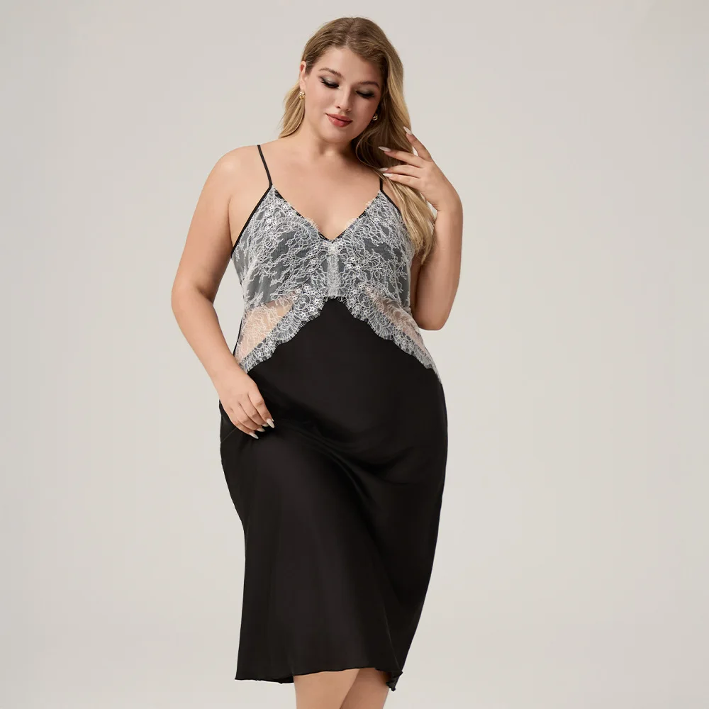 

Female Black Satin Nightgown Set Sleepwear Home Clothing Sexy Suspender Nightdress Nighty Satin Loungewear