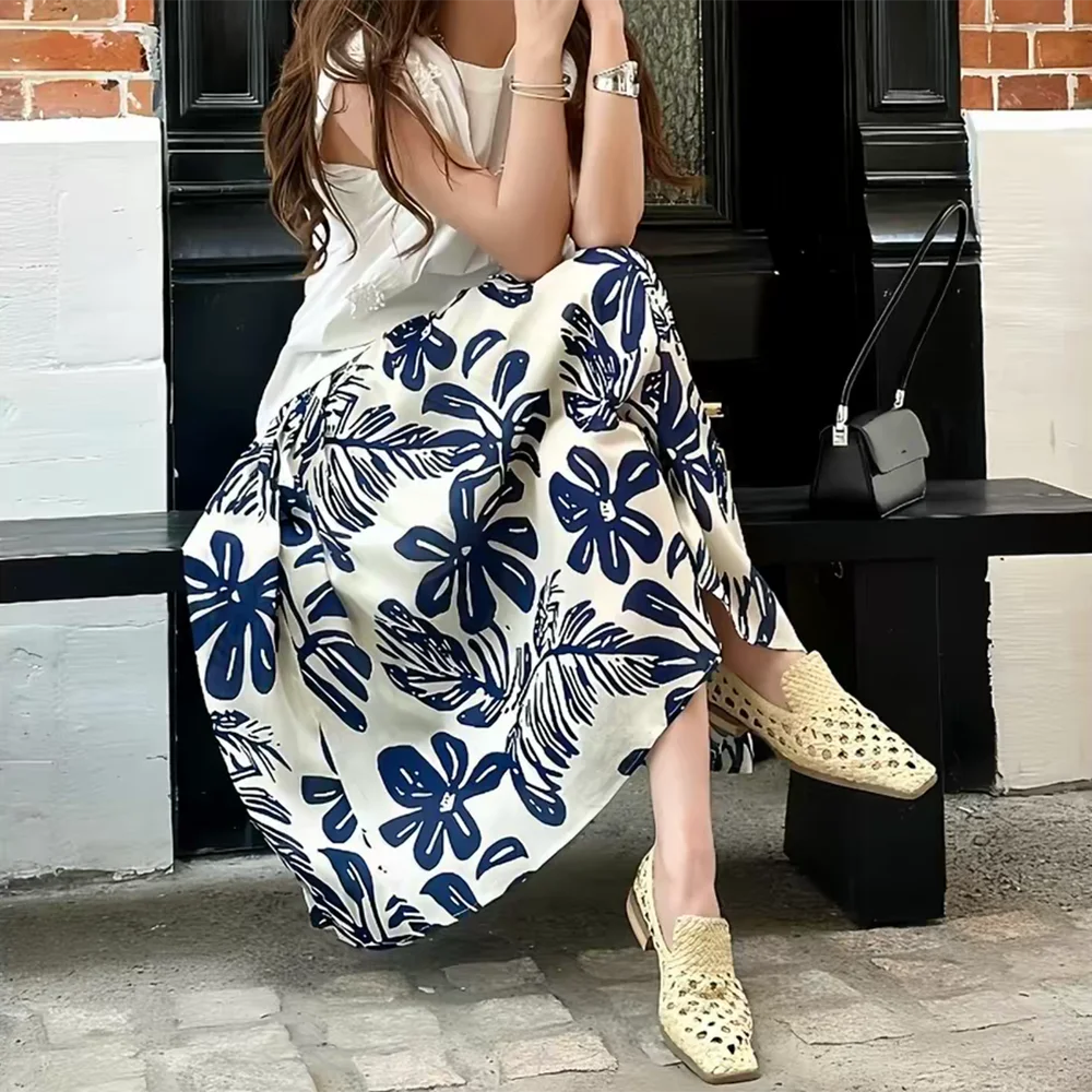 

French seaside vacation unique beautiful top blue print skirt generous and decent wear two-piece suit summer