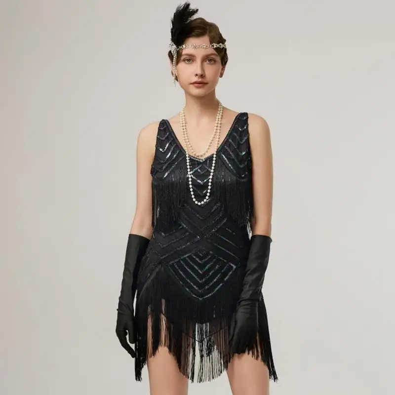 

Вечернее платье больших размеров с пайетками, бахромой и воротником-стойкой, облегающее, из полиэфирного волокна, без фирменной маркировки