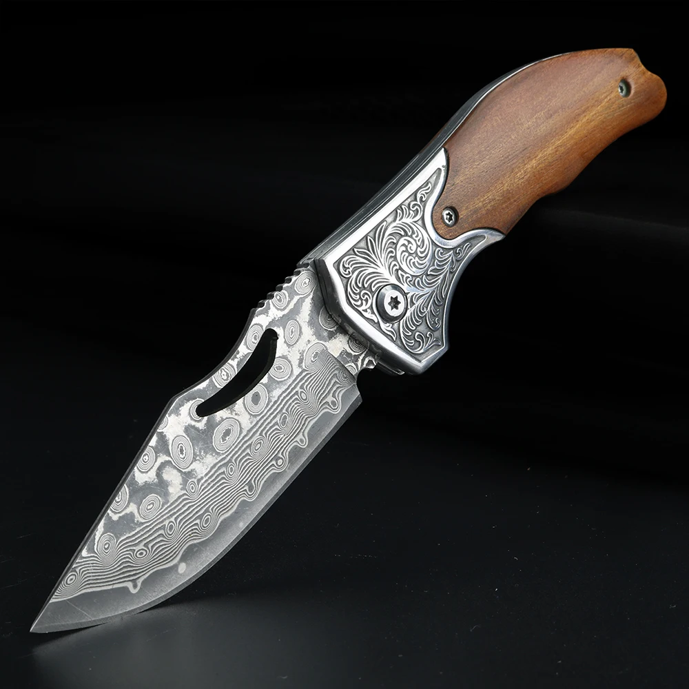 XUANTENG Damascus Laser Pattern Small Knife Hollow Handle Outdoor Knife Camping Hunting Knife Survival Knife