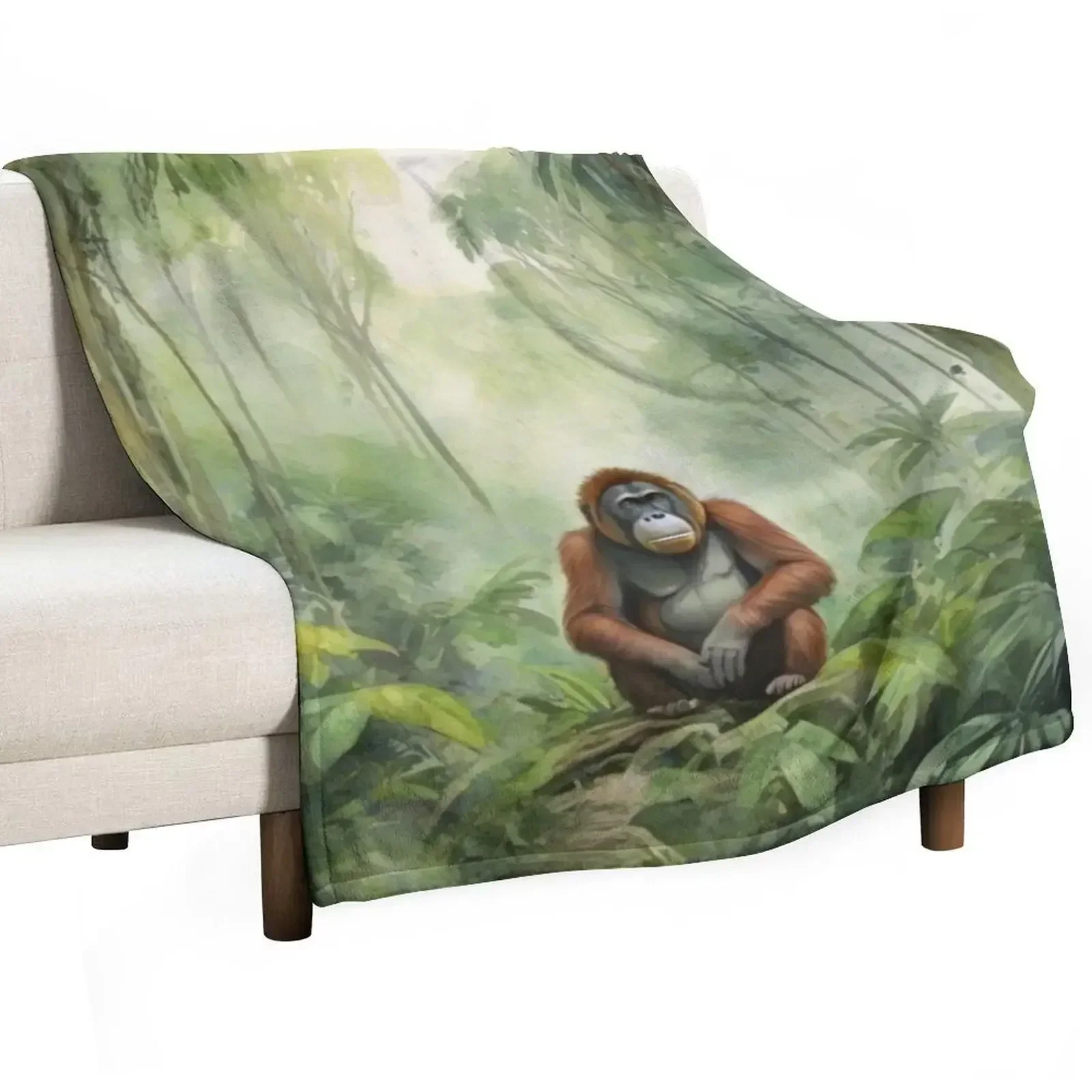 orangutan in Green forest_watercolour Throw Blanket Large Summer Blankets