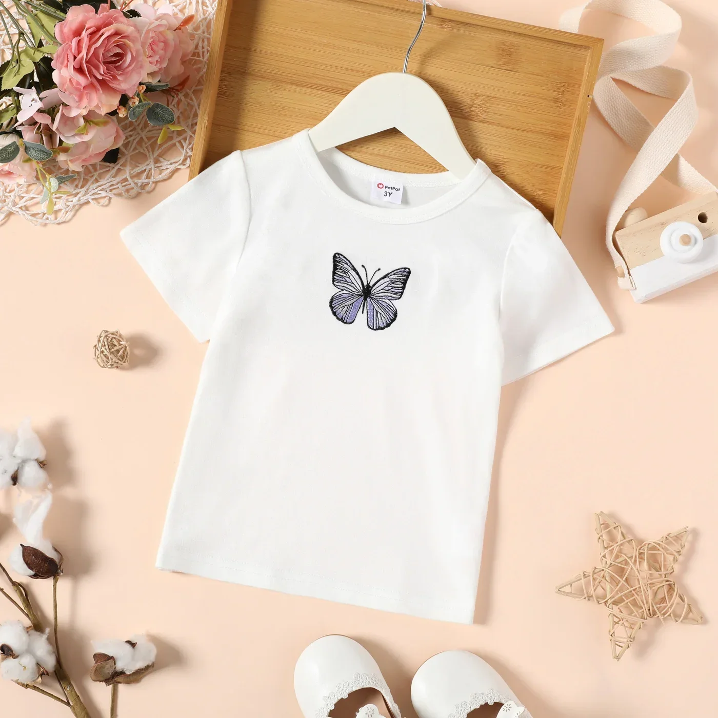 PatPat Toddler Girl Butterfly Embroidered/Print Short-sleeve Tee Suitable for Summer Season Soft and Comfortable