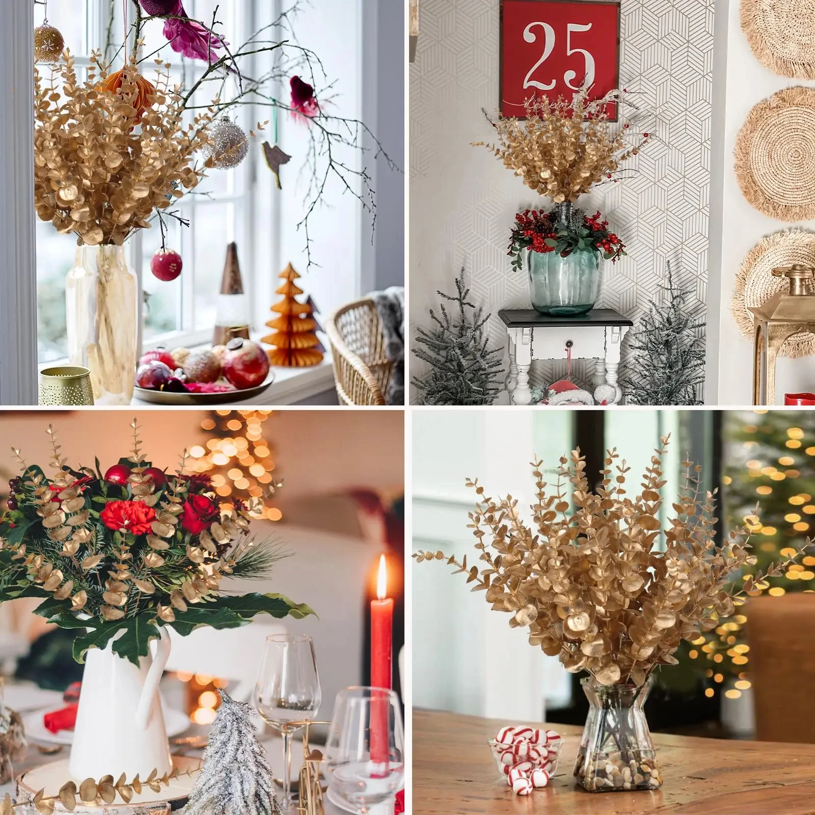 10/20PCS Artificial Eucalyptus Stems Gold Leaves Fake Flowers for Floral Arrangement Wedding Bouquets Thanksging Xmas Decoration